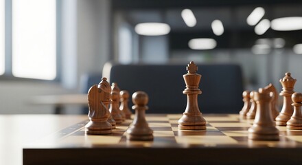 Wooden chess pieces arranged on a chessboard with a blurred office background and sunlight streaming through windows © Mimie