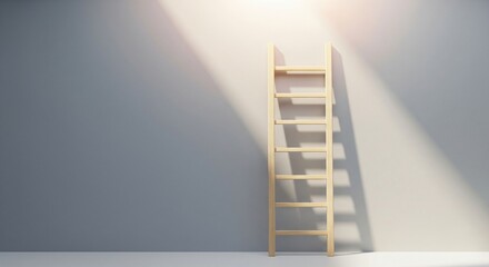 A wooden ladder stands against a plain wall with sunlight casting shadows © Mimie