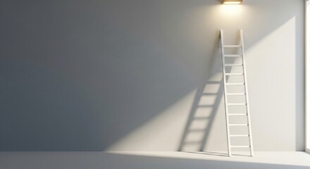 White ladder leans against a minimalist wall illuminated by a ceiling light and window casting long shadows © Mimie