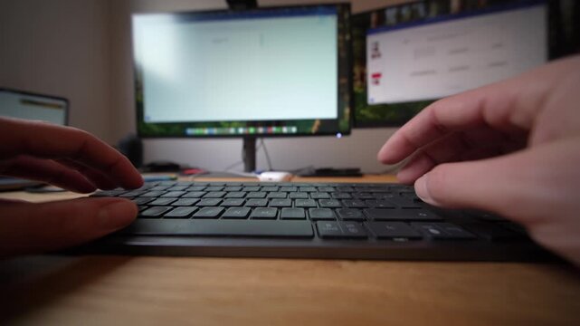 POV Close Up Hands Typing on Keyboard at Dual Monitor Office Desk, Coding Writing Data Entry for Productivity, Digital Business, Remote Work, Technology and Innovation Concept