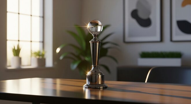 Polished trophy with a glass orb on a wooden table interior setting with plants