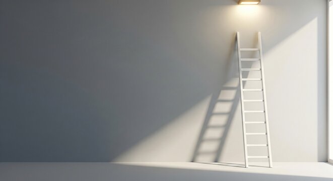 White ladder leans against a minimalist wall illuminated by a ceiling light and window casting long shadows