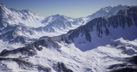 Obraz premium Snowy alpine range beneath blue sky, sunlight casting long shadows across rugged peaks, deep valleys filled with pristine snowfields, thin clouds hugging