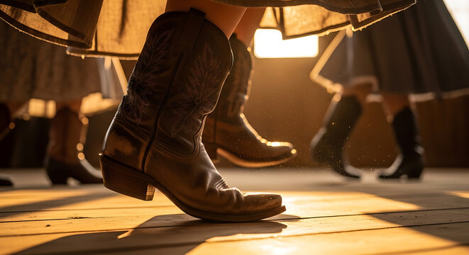 Close-Up of Country Dancers' Boots in Motion with Dust Particles Illuminated by Golden Hour Light on Solid Warm Amber Background