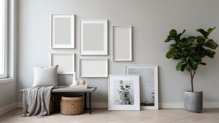 Fototapeta premium many blank picture frames mockup on the white wall in scandinavian room