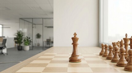 Wooden chess pieces arranged on a board in a modern office environment with large windows © Mimie