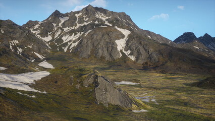 Naklejka premium alpine spring meadow beneath melting snow and trickling stream, fresh green grasses and early flowers dotting rocky terrain, soft daylight illuminating thawing
