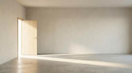 Obraz premium Interior space with a single open wooden door casting a light beam across the floor