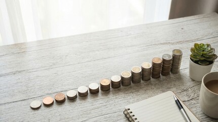 Stacks of coins ascending on a wooden desk next to a potted plant notebook and coffee cup