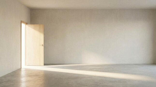 Interior space with a single open wooden door casting a light beam across the floor