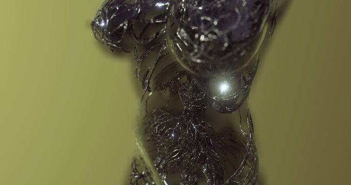 Glossy asian torso sculpture with reflective molecular surfaces and embedded sparkles, studio installation blending anatomy and biotech, moody olive backdrop