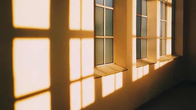 Golden hour sunlight is illuminating an interior wall, casting long, geometric shadows from windows and creating a warm, inviting atmosphere inside a room