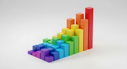 Obraz premium Rainbow colored three dimensional bar chart shows upward growth and positive statistics.