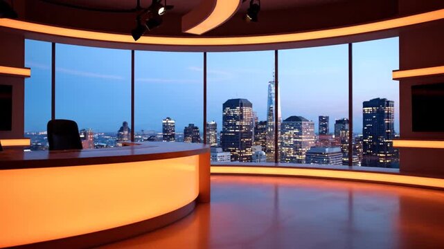 News studio interior with city skyline.