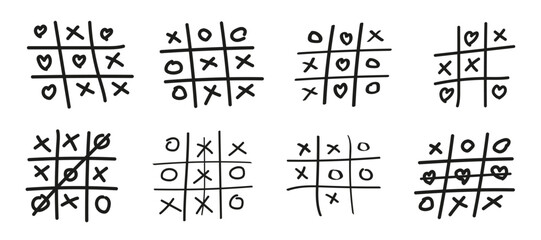 Hand-drawn tic tac toe game set. Doodle XO game noughts and crosses sketch collection. Creative tic-tac-toe pencil doodle game pattern vector illustration © RI Rafiq