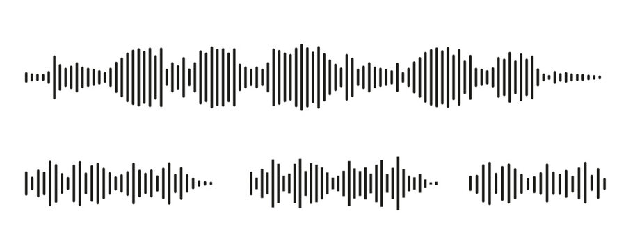 Podcast sound wave audio waveform set. Voice note, message, music frequency equalizer vector illustration. Digital voice recording signal pulse design