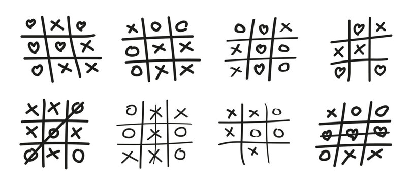 Hand-drawn tic tac toe game set. Doodle XO game noughts and crosses sketch collection. Creative tic-tac-toe pencil doodle game pattern vector illustration