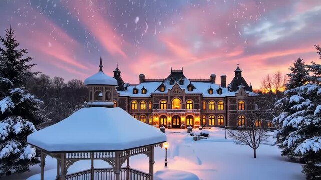 Winter mansion and gazebo at sunset