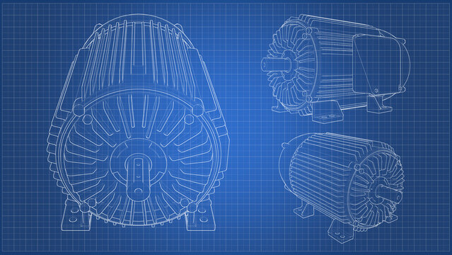 Drawing three phase Electric Motor - blueprint. 3D rendering isolated on blue background. 3D Mesh, Sketch, Blueprint, Vector style or Drawing. Ideal for educational, engineering