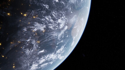 earth at night with glowing cities, atmosphere and curvature visible from orbit satellite mapping urban energy footprint and continental connectivity, cool © icetray