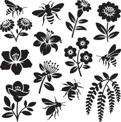 black silhouettes of flowers and bees on white background