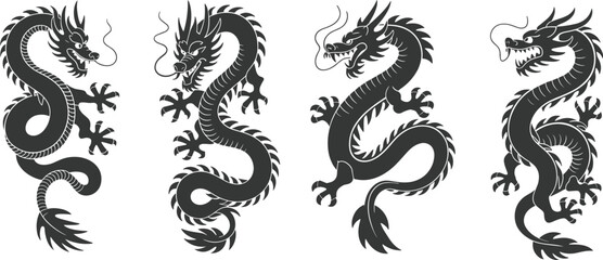 Set of Four Chinese Dragon Silhouettes in Traditional Asian Style, Black Mythical Creatures Vector Illustration for Tattoo, Emblem, and Decorative Design Use