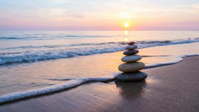 Stacked stones balanced on sandy beach as waves wash ashore, with a vibrant sunset illuminating the sky and water in warm hues