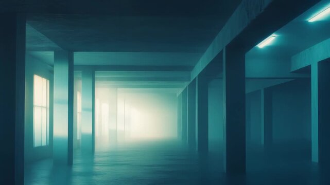 Industrial hall presenting an empty space with beams and columns, soft lighting filtering through windows creates a mysterious and atmospheric mood, conveying concepts of isolation and urban decay