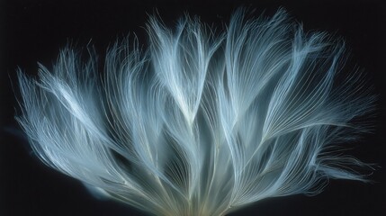 Close-up studio shot of a white dandelion seed head, ethereal against a dark backdrop