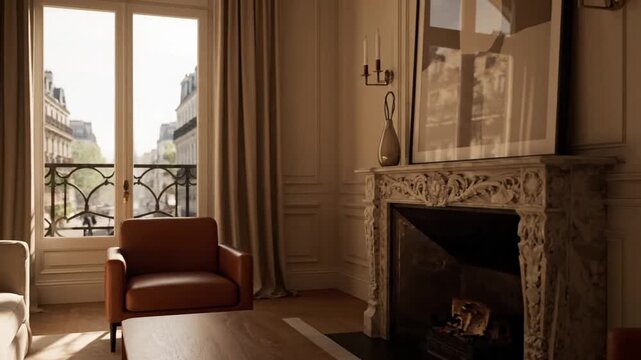 Parisian living room with Eiffel Tower view.