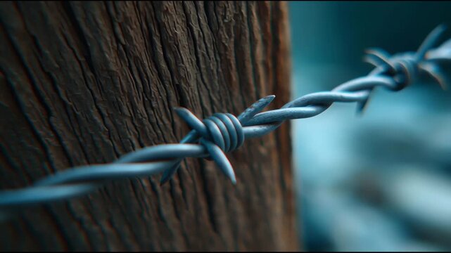 Close-up view of barbwire wrapped around a wooden post with blurred background, conveying a sense of ruggedness and isolation