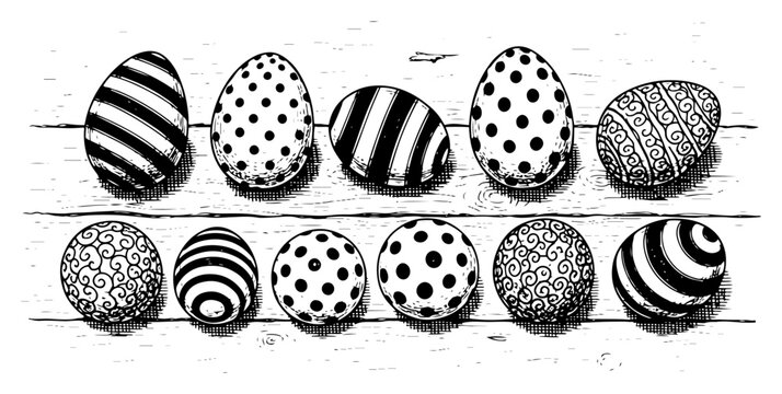 Black and white hand drawn illustration of various decorated easter eggs arranged on a wooden surface