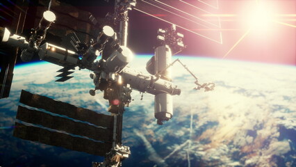 International Space Station in outer space over the planet Earth orbit. Elements of this image furnished by NASA. © icetray