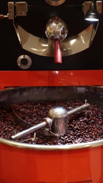 Chocolate production, process of roasting cocoa beans in industrial roaster.