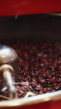 Chocolate production, process of roasting cocoa beans in industrial roaster.