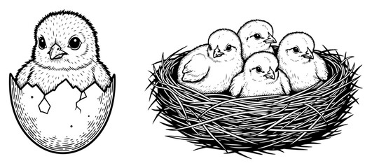 Detailed vintage style illustration of a baby chick hatching from an egg and a group of chicks in a nest © Katarzyna