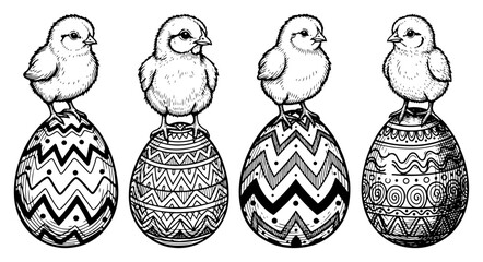 Hand drawn set of cute baby chicks standing on patterned decorative easter eggs in vintage engraving style © Katarzyna