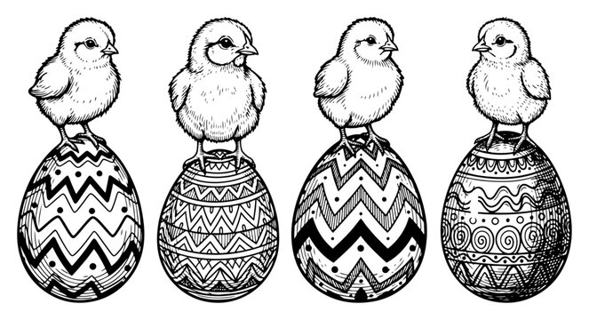 Hand drawn set of cute baby chicks standing on patterned decorative easter eggs in vintage engraving style