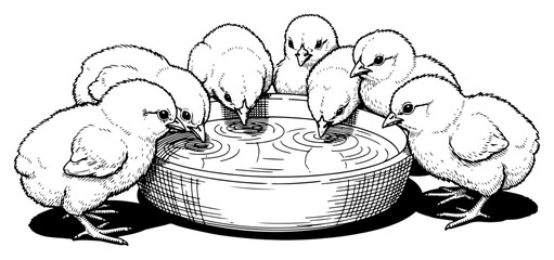 Detailed vintage engraving style illustration of a group of baby chicks drinking water from a bowl © Katarzyna