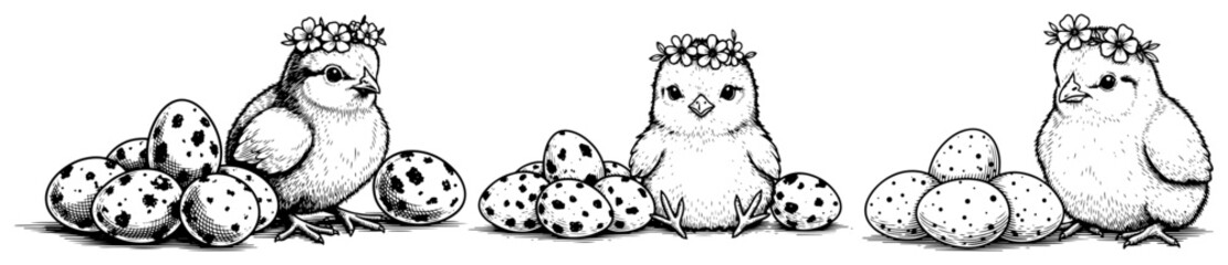 Hand drawn vintage style illustration of cute baby chicks wearing flower crowns sitting next to speckled eggs © Katarzyna