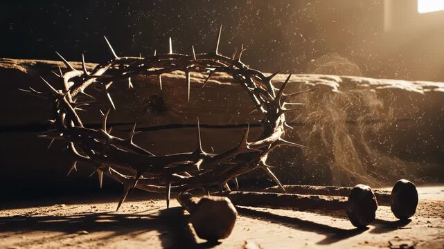 Crown of thorns and nails on wooden surface with dust particles