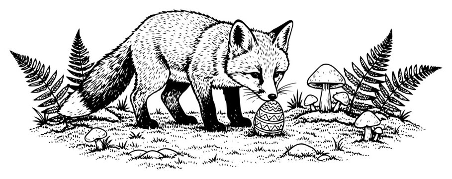 Hand drawn vintage style illustration of a fox discovering a decorated Easter egg in a forest with mushrooms and ferns