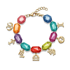 Colorful zodiac charm bracelet with gemstone beads isolated on white background, featuring intricate gold chain and vibrant hues