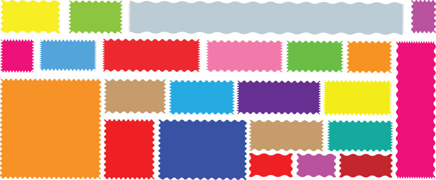 Rectangle shape frame with zigzag edge.  Set of Zigzag and colorful Shapes. Vector set colorful wavy edge frames. Rectangular jagged curved box element. 