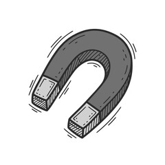 Illustration of a curled horseshoe magnet isolated on a white background with sketched details and dynamic lines