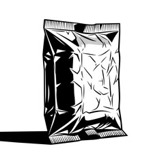 Crumpled foil pouch standing upright, isolated on a stark white background, casting a bold shadow, with detailed creases and reflective surfaces