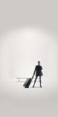 Obraz premium Minimalist composition of businesswoman with suitcase using smartphone. Concept of corporate mobility ads, digital communication themes, business travel promotion, professional lifestyle branding.