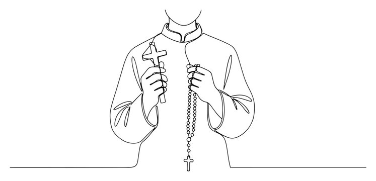Minimalist continuous line drawing of a person holding a cross and rosary beads