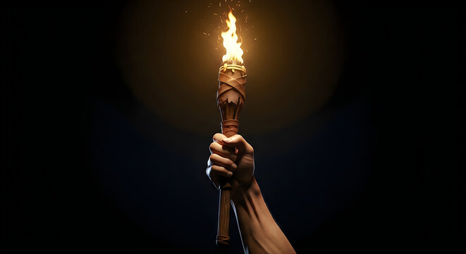 A hand holding a lit torch with a dark background and a bright glow around the flame