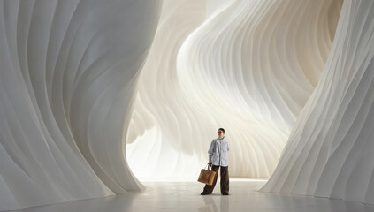 Modern mixed media. Woman in sculptural white architectural interior. Concept of premium lifestyle...